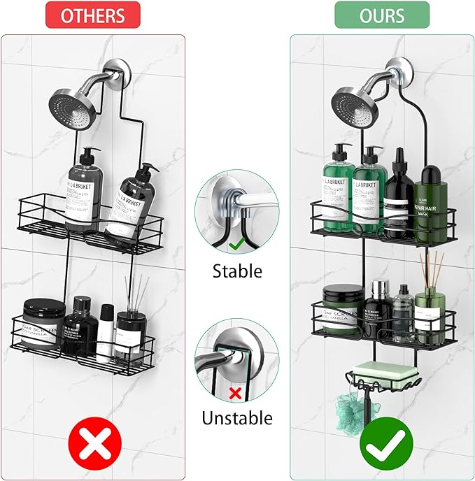 DAOYA Bathroom Shower Caddy Hanging - 3-Tier Organizer with Soap Holder & 6 Hooks for Towels, Sponge; Fits 21mm Shower Head Arm, Black