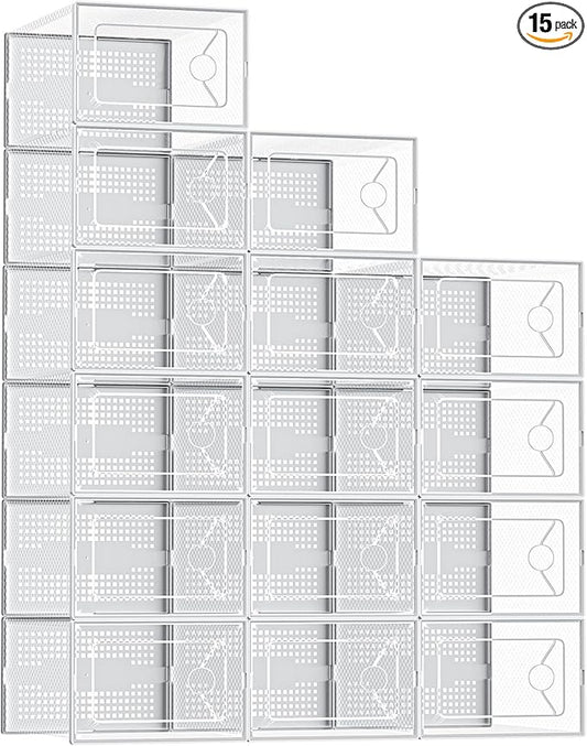XX-Large Shoe Storage Boxes, 15-Pack Stackable Clear Shoe Organizers with Lids