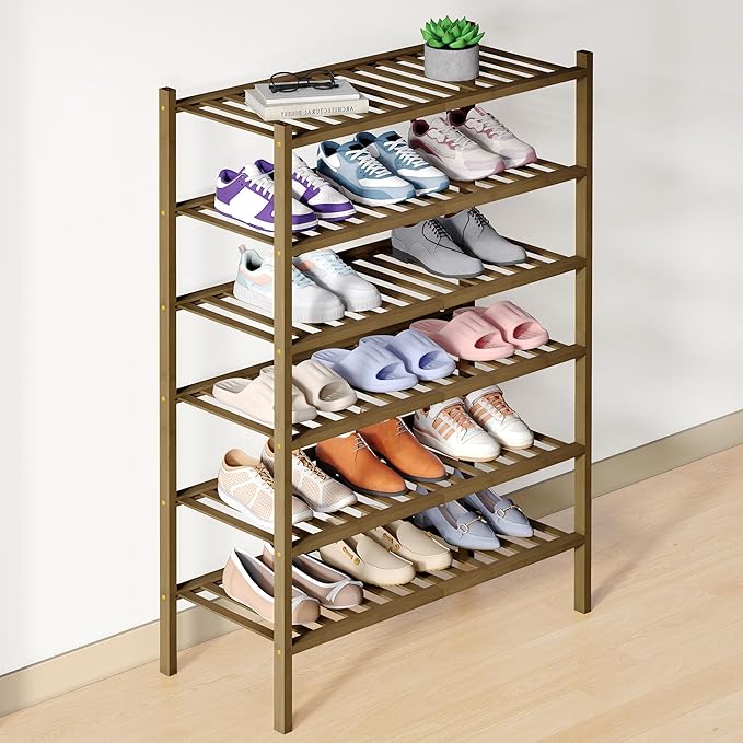Bamboo Shoe Rack for Closet, 6 Tier Wooden Shoe Organizer, Walnut