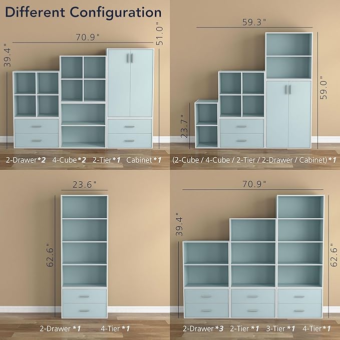 Homes: Inside + Out Apexa 2-Tier Cube Storage Organizer Shelves, Stackable Wood Bookcase Fits Cubby Bins for Organization, Dorm Teen Room Decor & Home Office, Light Blue