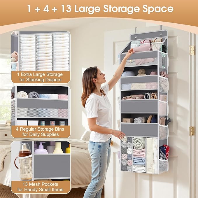 WISELIFE 5-Tier Over the Door Organizer for Hanging - 50LB Heavy-Duty Back of Door Organizer with 5 Spacious Pockets & 13 Mesh Pockets, Multipurpose Storage for Nursery, Bedroom, Closet(1 Pack, Gray)