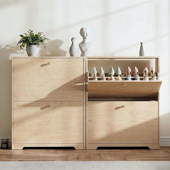 Shoe Cabinet with 2 Flip Drawers, Foyer Natural Oak with Hook