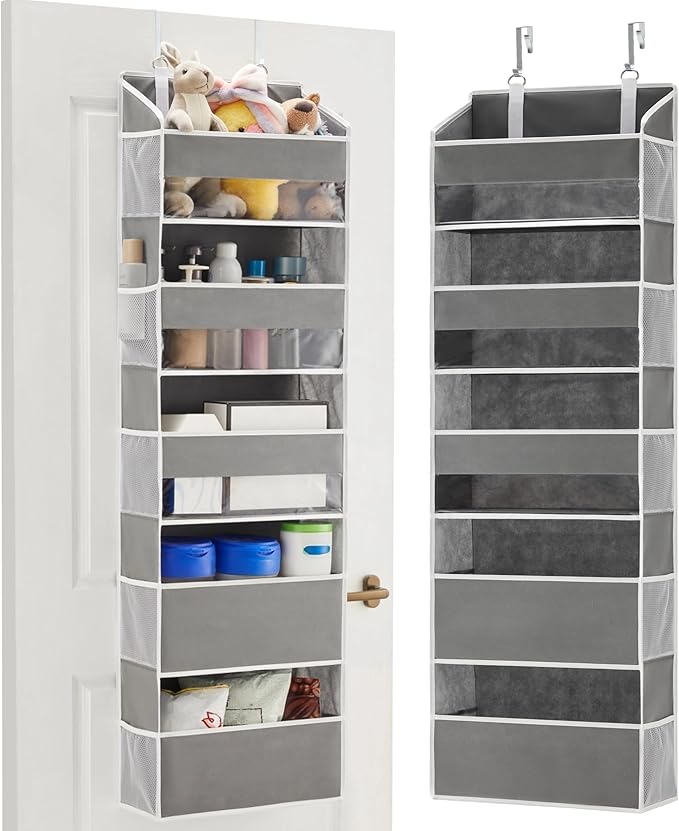 5 Tiers Over The Door Organizer Hanging - EXTRA THICK & 50lbs HUGE CAPACITY, 10 Side Mesh Pockets Over The Door Shoe Organizer, for Closet, Diaper Organizer, Bedroom, Bathroom,Nursery (Grey, 1pc)