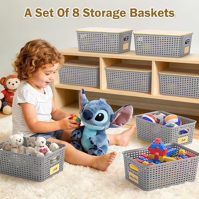 Stackable Storage Basket: Plastic Baskets Bins, Baskets for Organizing, Pantry Decorative Containers for Closets, Cabinets, Shelves(8 Pack, Grey)