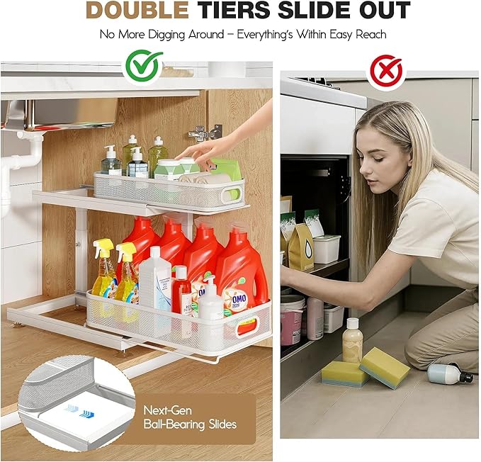 2-Pack Under Sink Storage Organizer with 2-Tier Slide Out Drawer, Sophisticated Mesh Pull Out Shelf for Kitchen & Bathroom, Fits Small Items, Upgraded Arched Track for Smooth Gliding-Gun Gray