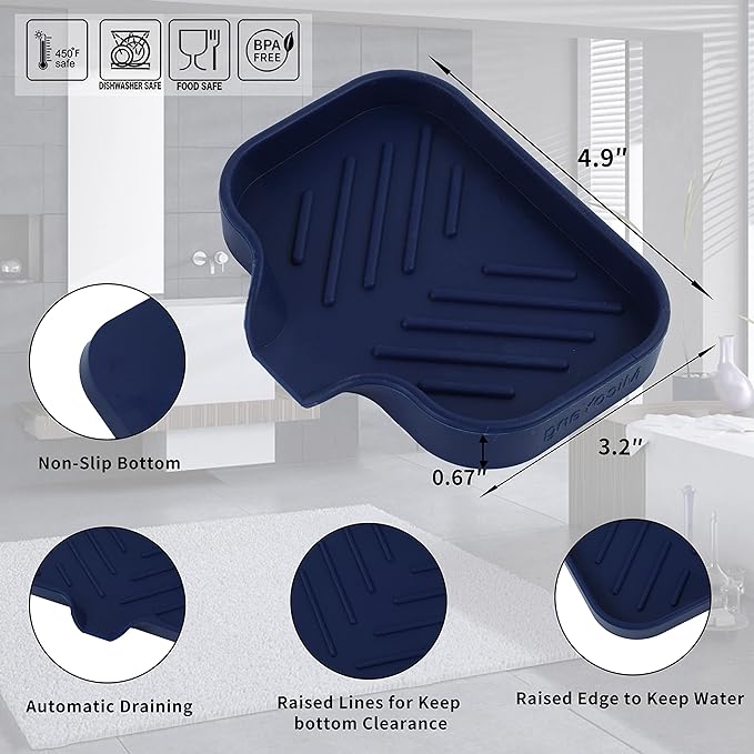 MicoYang Silicone Soap Dish with Drain Spout — Self-Draining Sink Organizer Tray for Bathroom & Kitchen, Holds Bar Soap, Sponges & Dispensers, Non-Slip & Dishwasher Safe, Navy Blue (Small, 4.9"×3.2")
