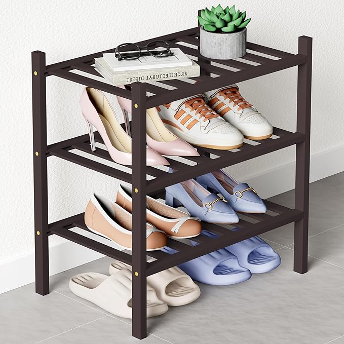 Bamboo Shoe Rack for Closet, 3 Tier Small Wooden Shoe Organizer, Brown