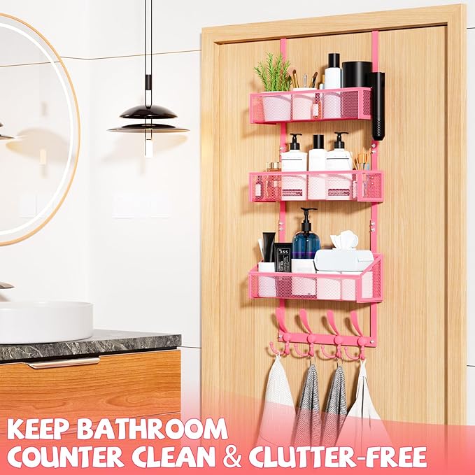 Kaiferty Over The Door Hooks Organizer, Coat Rack Over The Door Storage Hanger Towel Rack, Back of Door Storage Organizer for Bathroom,Bedroom,Kitchen,Office (Pink, 4-Tier)