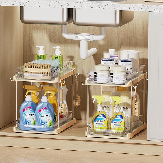 2 Tier Under Sink Organizer Bathroom, Wood Grain, 4 Pack