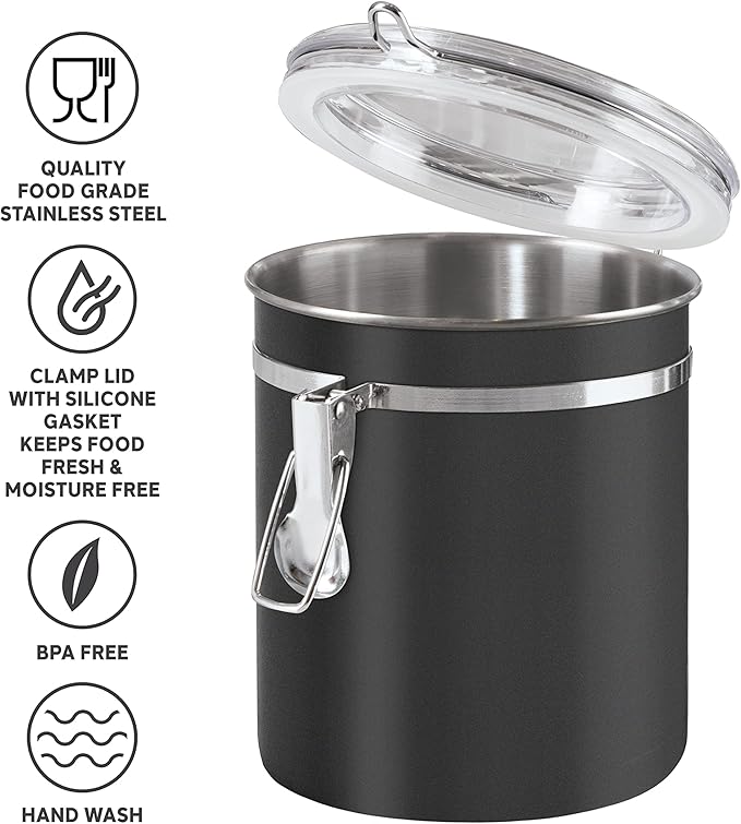 Stainless Steel Kitchen Canister 36 fl oz, Black, Airtight Clamp Lid