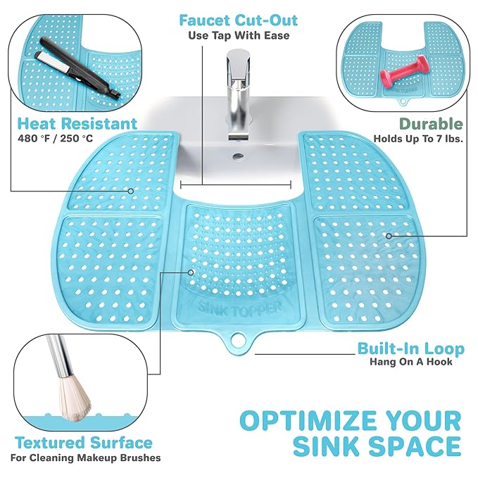 Sink Topper Bathroom Sink Cover for Counter Space & Storage Saver | RV Must Haves | Silicone Foldable Beauty Makeup Brush Cleaning Mat | Hot Tools | RV Sink Cover | Large, Pacific Blue