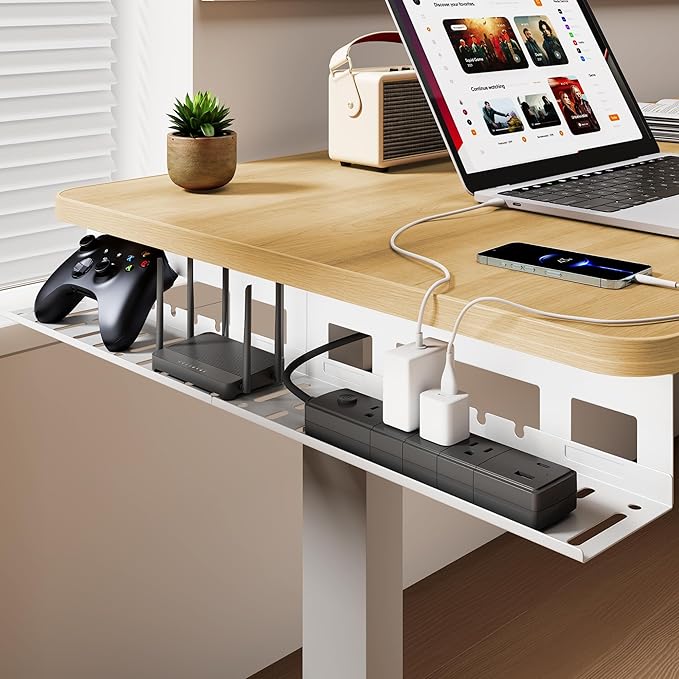 Under Desk Cable Management Tray, 31.5 Inches Metal Cord Organizer Rack, White