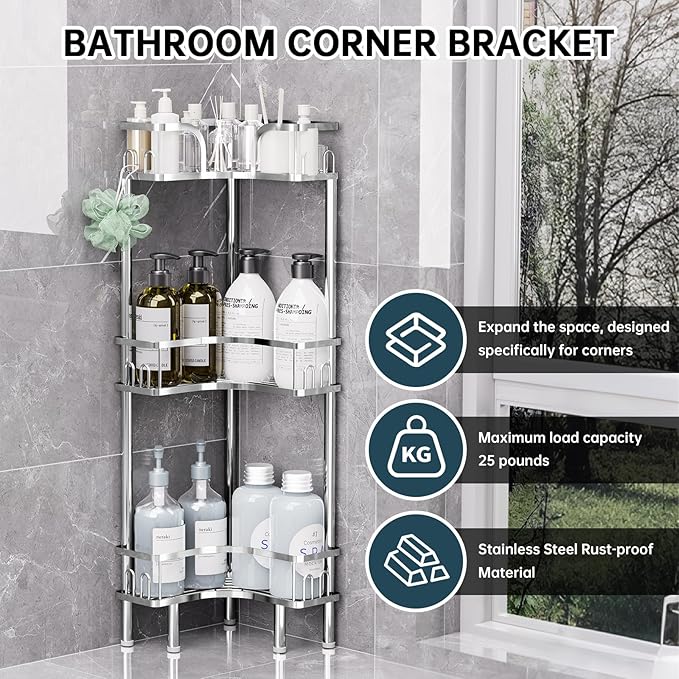 Standing Shower Corner Caddy, 3-Tier Stainless Steel Material Shower Organizer with 12 Hooks - Space Saving Corner Shelf with Adjustable Feet for Bathroom, Compact Spaces(Sliver, 3 Tiers)