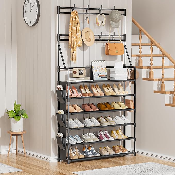 OYREL Shoe Rack 6 Tier Shoes Organizer 24-30 Pairs Shoe Racks for Closet Front Door Entrance Large Capacity Space Saving Shoe Storage Organizer with Multifunctional 5 Hooks and Side Pocket