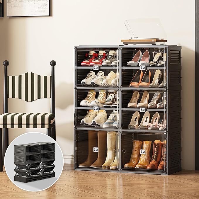 Vipbox Black Shoe Rack Organizer Cabinet for Closet Entryway,Clear Shoe Storage Boxes Stackable Sneaker Storage with Door Easy Assembly Shoe Cabinet with Lids Large 5 Tiers 20 Pairs