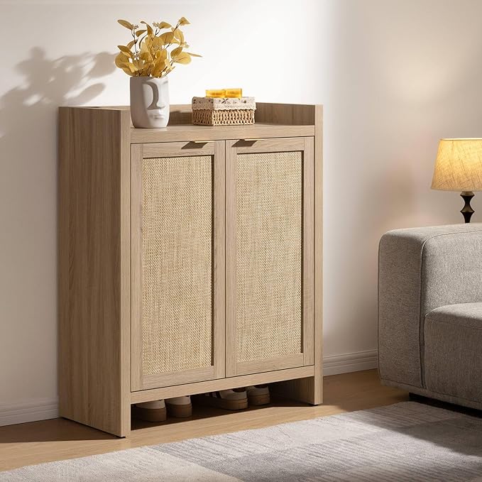 Shoe Cabinet Set of 2, Large Capacity Shoe Storage Organizer Cabinet, Light Oak