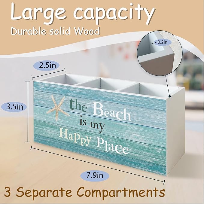 Beach Pen Holder for Home Office Kitchen Desk Decor, the Beach Is My Happy Place Wooden Pencil Holder Sign Organizer for Home Office Desk Accessories, Coastal Gifts for Women Men