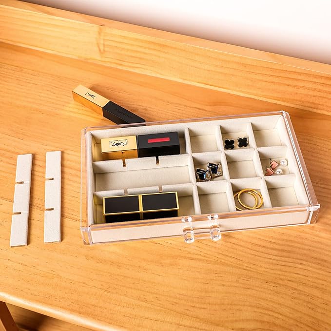 Frebeauty Acrylic Jewelry Organizer Earring Organizer Box with 5 Drawers Earring Holder Organizer with Velvet Trays Clear Jewelry Box for Women Earring Display for Rings Studs(Beige)