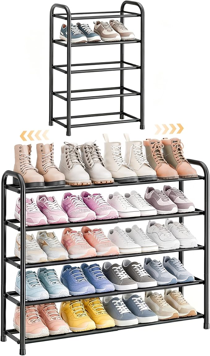 ENJOYBASICS 5 Tier Expandable Shoe Rack for Closet, Free Standing Metal Shoe Shelf Storage Organizer Holder 20 Pairs, Adjustable Width Shoe Rack for Entryway Small Space, Black