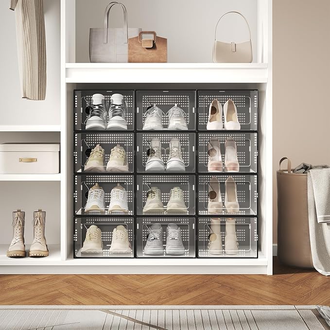 OLIXIS Shoe Storage Boxes, 15-Pack Clear Stackable Shoe Organizers with Lids, Sneaker Display and Storage Containers for Closet, Under Bed, Entryway, Black