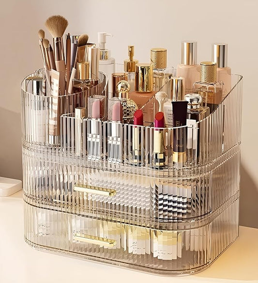 Makeup Organizer with Drawers and 360° Rotating Brush Holder, Clear, 3-layer