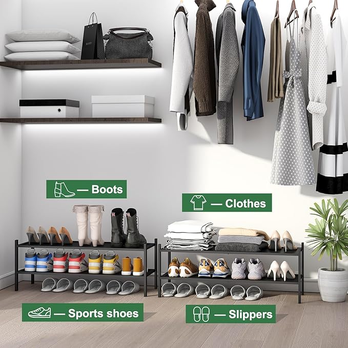 kiplant Black Shoe Rack, 2-Tier Long Shoe Rack, Stackable Bamboo Wood Shoe Shelf for Closet, Entryway & Hallway