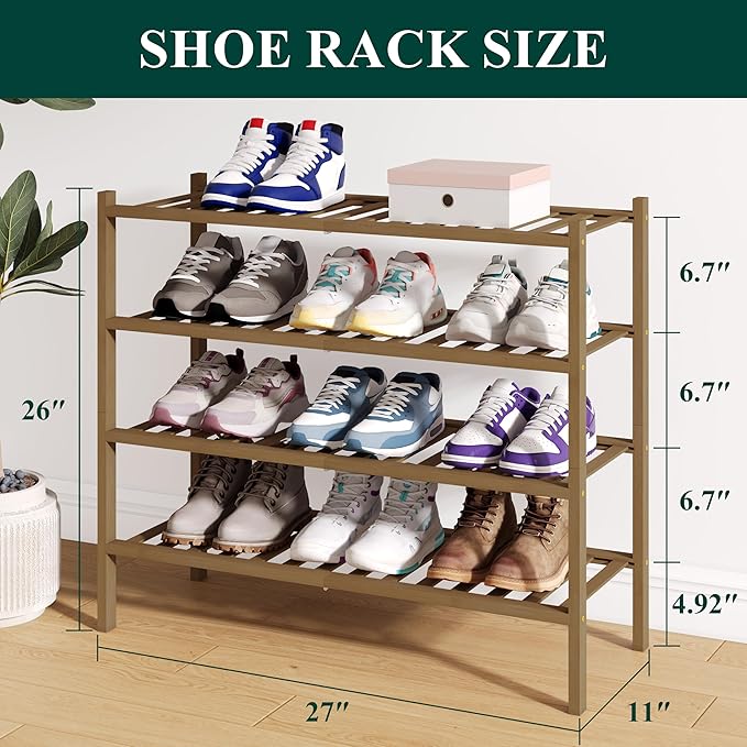Smiry Bamboo Shoe Rack for Closet, 4 Tier Wooden Shoe Organizer, Stackable Wood Shoe Storage Shelf for Entryway, 14 Vertical Slats, 2+2 Stack Heavy-Duty Legs, 26.77"x11.02"x25.98", Walnut