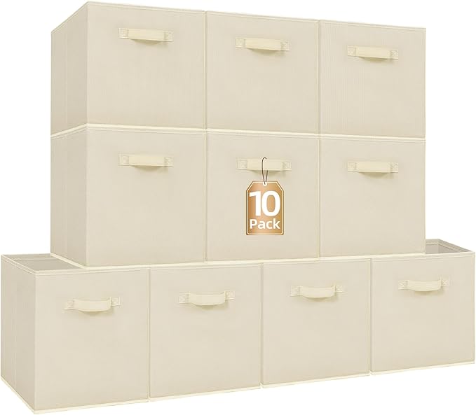 STORAGE MANIAC Storage Cubes, 13 Inch Collapsible Storage Bins with Handles, 10 Pack Fabric Foldable Bins for Organization, Durable Storage Bins for Closet, Shelves, Offices, Toys, 10-Pack Beige