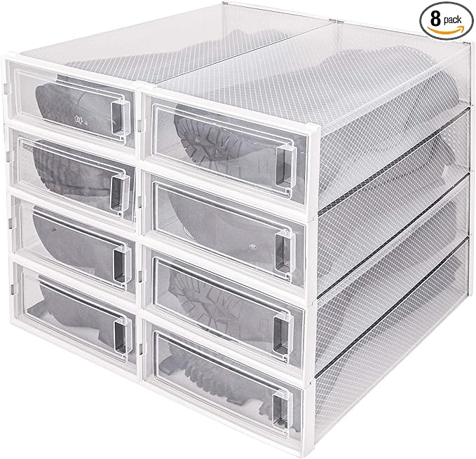 DHMAKER 8 Pack Boot Storage Box, Stackable Clear Plastic Boot Shoe Organizer for Tall Boots, Closet, Drop Front Boot Organizer, Large Shoe Container Boot Storage with Lid, 20.5" x 11.8" x 5.5"