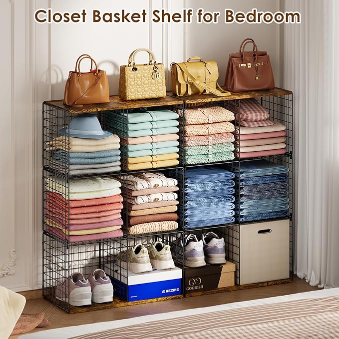 6-Cube Tall Closet Organizer Storage Wire Basket Shelf with Wood Top for Wardrobe Bedroom Closet Systeem, Stackable Sturdy Space-saving Clothing Shelves for Clothes, Sweaters, Pants, Handbags, Shoes