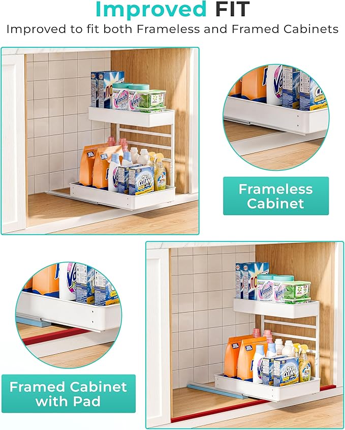EVERIE Height Adjustable 2 Tier Metal Pull Out Slide Shelf Organizer for Framed or Frameless Under Sink Cabinets in Kitchen, Bathroom, with Snap-on Top Tray (White, 2 Sets)