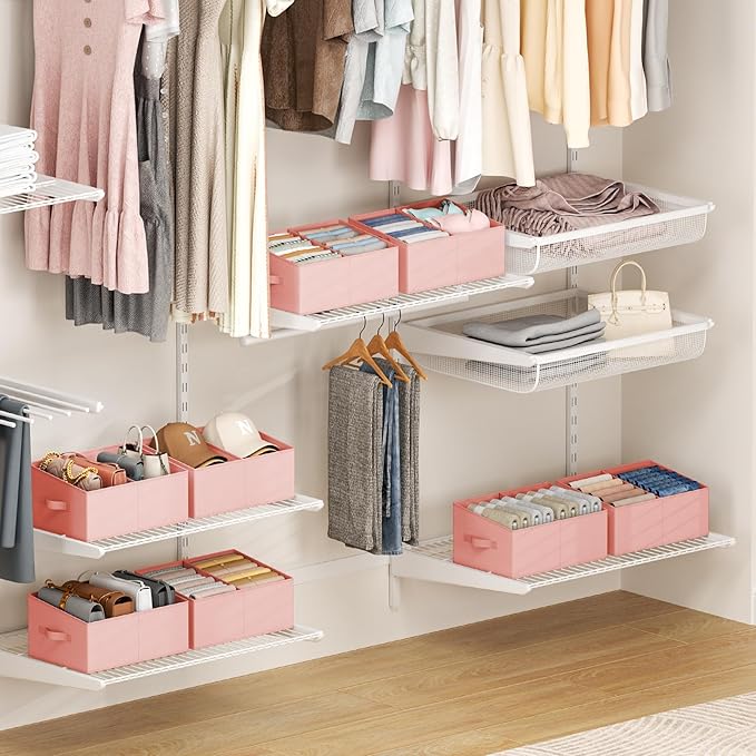 Large Closet Shelf Organizer Bins 8 Packs with Handles and Divider, Pink