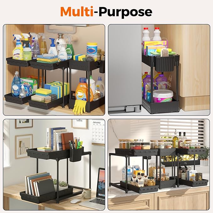 Sevenblue 3 Pack Under Sink Organizer, 2 Tier Slide Out Bathroom Cabinet Organizer, Multi-Purpose Storage Shelf for Kitchen, Black, 12.8Inch