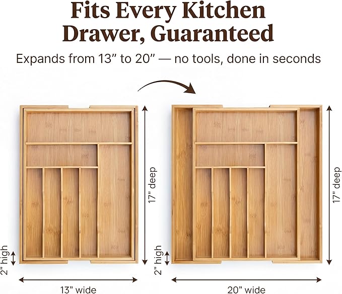 Liviys Cutlery Drawer Organizer for Kitchen Utensils, 13-20 Inches Expandable Bamboo Utensil Tray, Large Wooden Silverware Organizer Insert for Kitchen Drawers