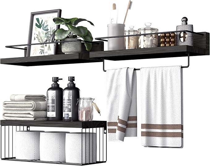 PopiShelves Bathroom Shelves Over Toilet for Wall, Floating Shelves with Storage Basket Paper Holer for Kitchen Living Room, Bedroom & Classroom, Set of 3 (Black)