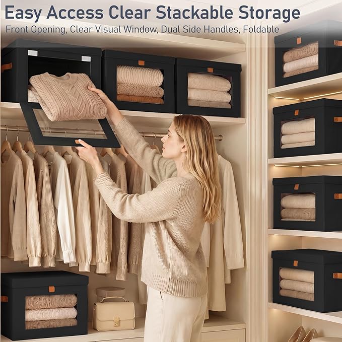 DIMJ Storage Bins with Lids - 6 Pack Front Opening Stackable Fabric Storage Boxes with Clear Window & Handles, Collapsible Closet Organizers for Clothes, Sweaters, Shelf Storage, Bedroom, Black