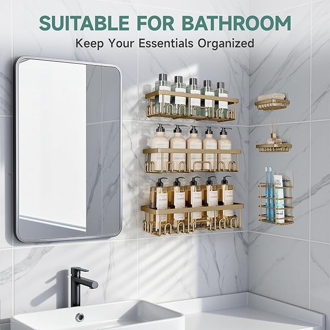 Shower Caddy 6-Pack, No Drilling & Rustproof, Matte Gold