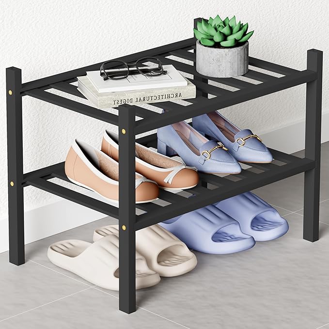 Smiry Bamboo Shoe Rack for Closet, 2 Tier Small Wooden Shoe Organizer, Stackable Wood Shoe Storage Shelf for Entryway, 14 Vertical Slats, One-piece Heavy-Duty Legs, 17.32"x11.02"x12.99", Black