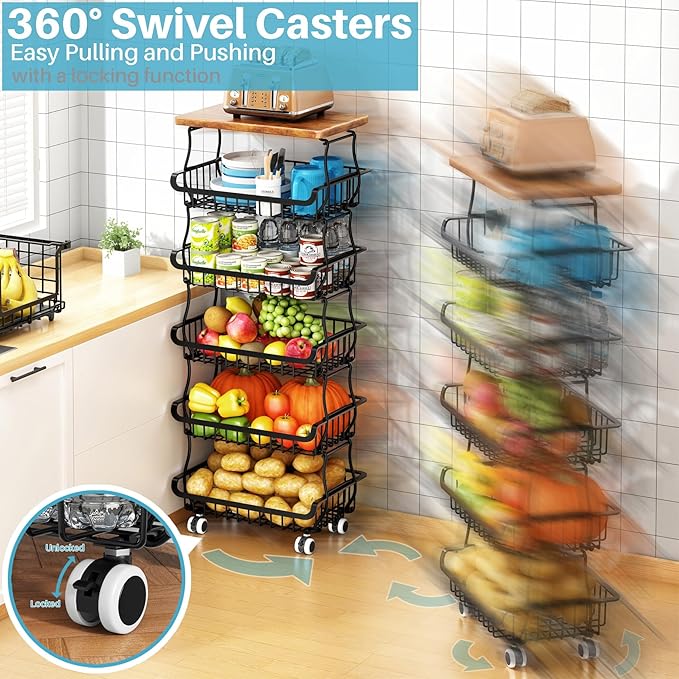 6 Tier Pantry Organizers and Storage Vegetable Fruit Basket for Kitchen, Stackable Flexible Design (3+3, 4+2, 5+1,6+0) Pantry organizers and storage for Kitchen Bathroom Livingroom Laundry Room Cart
