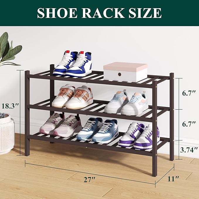 Smiry Bamboo Shoe Rack for Closet, 3 Tier Wooden Shoe Organizer, Stackable Wood Shoe Storage Shelf for Entryway, 14 Vertical Slats, One-piece Heavy-Duty Legs, 26.77"x11.02"x18.31", Brown