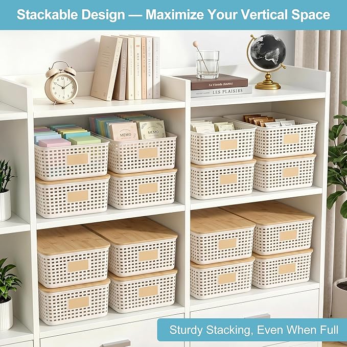 Bagnizer 4 Pack Plastic Storage Bins with Bamboo Lids, 6.2qt Stackable Storage Organizer Box with Lable for Pantry Shelves Drawers Desktop Office, 12"L x 8.5"W x 3.5"H, Cream White