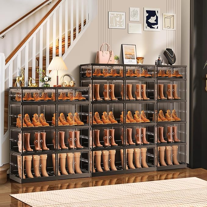 CIMLORD 5-Tier Foldable Shoe Rack for Closet Entryway 10-20Pairs,Stackable Clear Shoe Storage Boxes Organizer with Door Plastic Shoe Cabinet Bins with Lids Shoes Shelf Easy Assembly Large Black