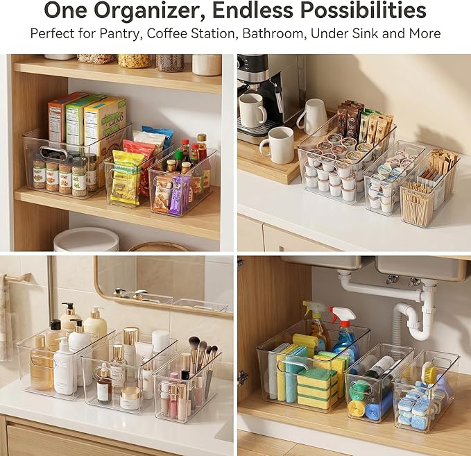 MOONEDGE 10 Pack Clear Plastic Storage Organizer Bins – 4 Large & 6 Deep Narrow, Nestable Space-Saving Storage Containers for Under Sink, Bathroom, Kitchen, Pantry & Cabinet Organization