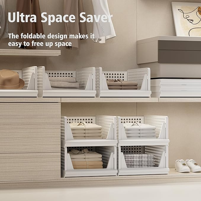 Proarea Stackable Plastic Storage Basket Closet Organizer Bin Foldable Clothes Organizer Storage Drawer Shelf Container for Living Room Bathroom Kitchen Office Laundry Room