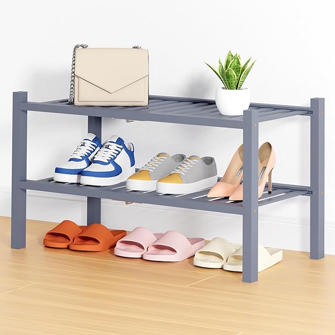 Smiry Bamboo Shoe Rack, 2 Tier Free Standing Wooden Shoe Organizer, Stackable Wood Shoe Storage Shelf for Closet, Entryway, 14 Vertical Slats, One-piece Heavy-Duty Legs, 26.8"x11"x13", Grey