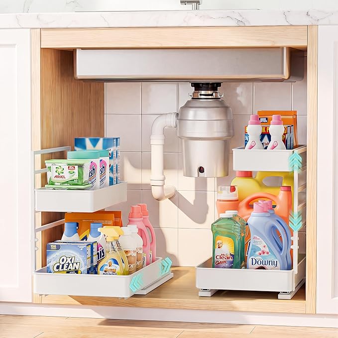 EVERIE Height Adjustable 2 Tier Metal Pull Out Slide Shelf Organizer for Framed or Frameless Under Sink Cabinets in Kitchen, Bathroom, with Snap-on Top Tray (White, 2 Sets)