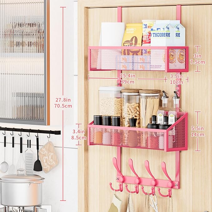 Kaiferty Over The Door Hooks Organizer, Coat Rack Over The Door Storage Hanger Towel Rack, Back of Door Storage Organizer for Bathroom,Bedroom,Kitchen,Office (Pink, 3-Tier)