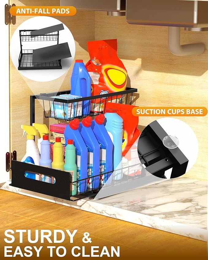 Mythinglogic Metal Under Sink Organizer and Storage, 2 Tier Under Sink Organizer, Pull Out Under Cabinet Organizer Shelf for Kitchen Bathroom and Laundry Room