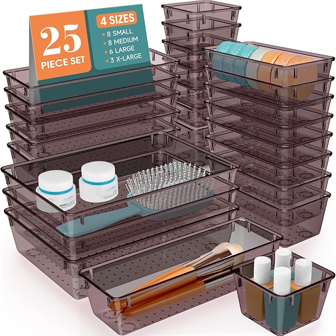 25 PCS Plastic Drawer Organizer Set, Clear Brown