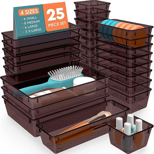 25 PCS Plastic Drawer Organizer Set, Brown